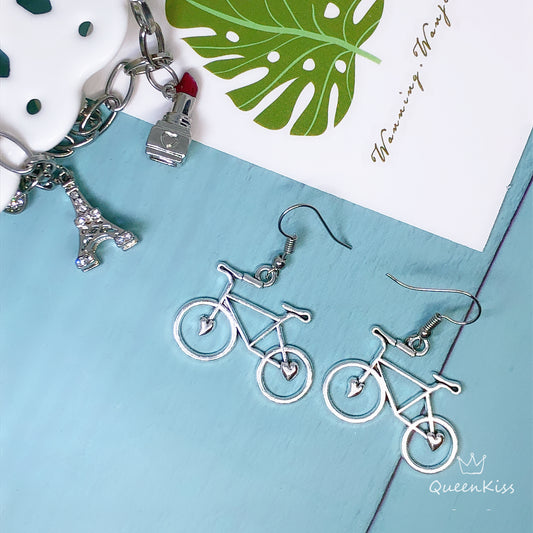 Cute Adorable Heart Shape Silver Lovers Bicycle Bike Earrings -- Take me with you!!