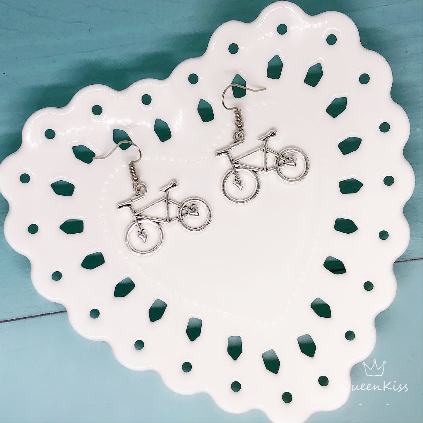 Cute Adorable Heart Shape Silver Lovers Bicycle Bike Earrings -- Take me with you!!