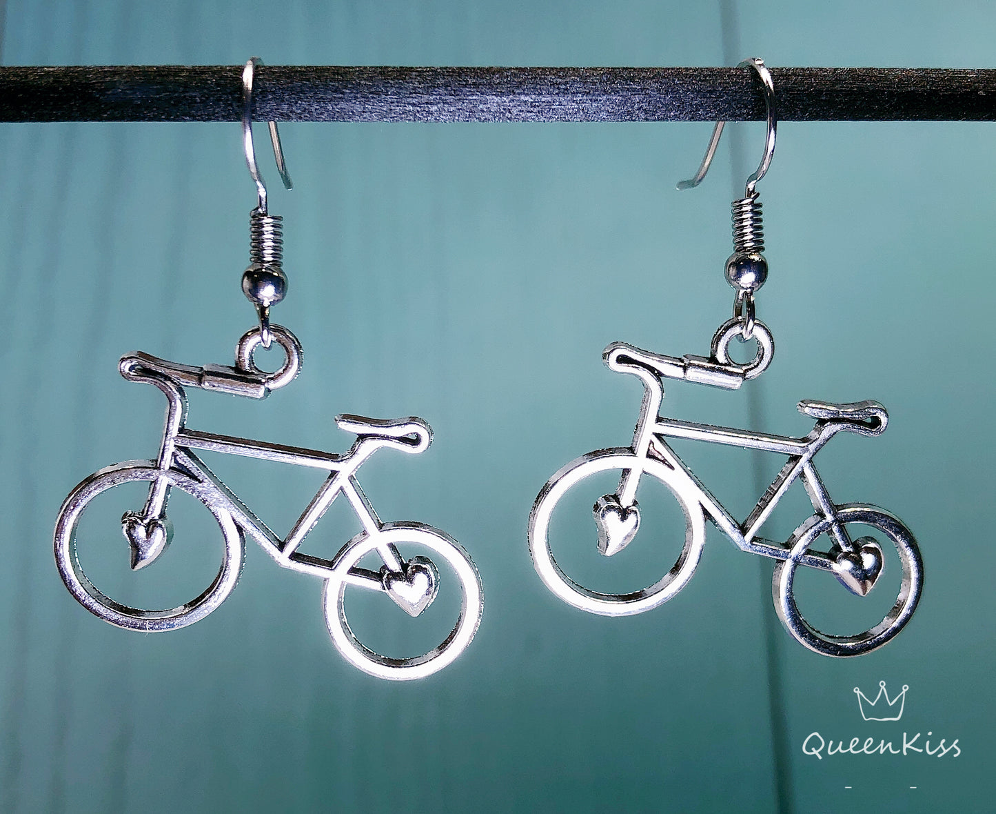 Cute Adorable Heart Shape Silver Lovers Bicycle Bike Earrings -- Take me with you!!