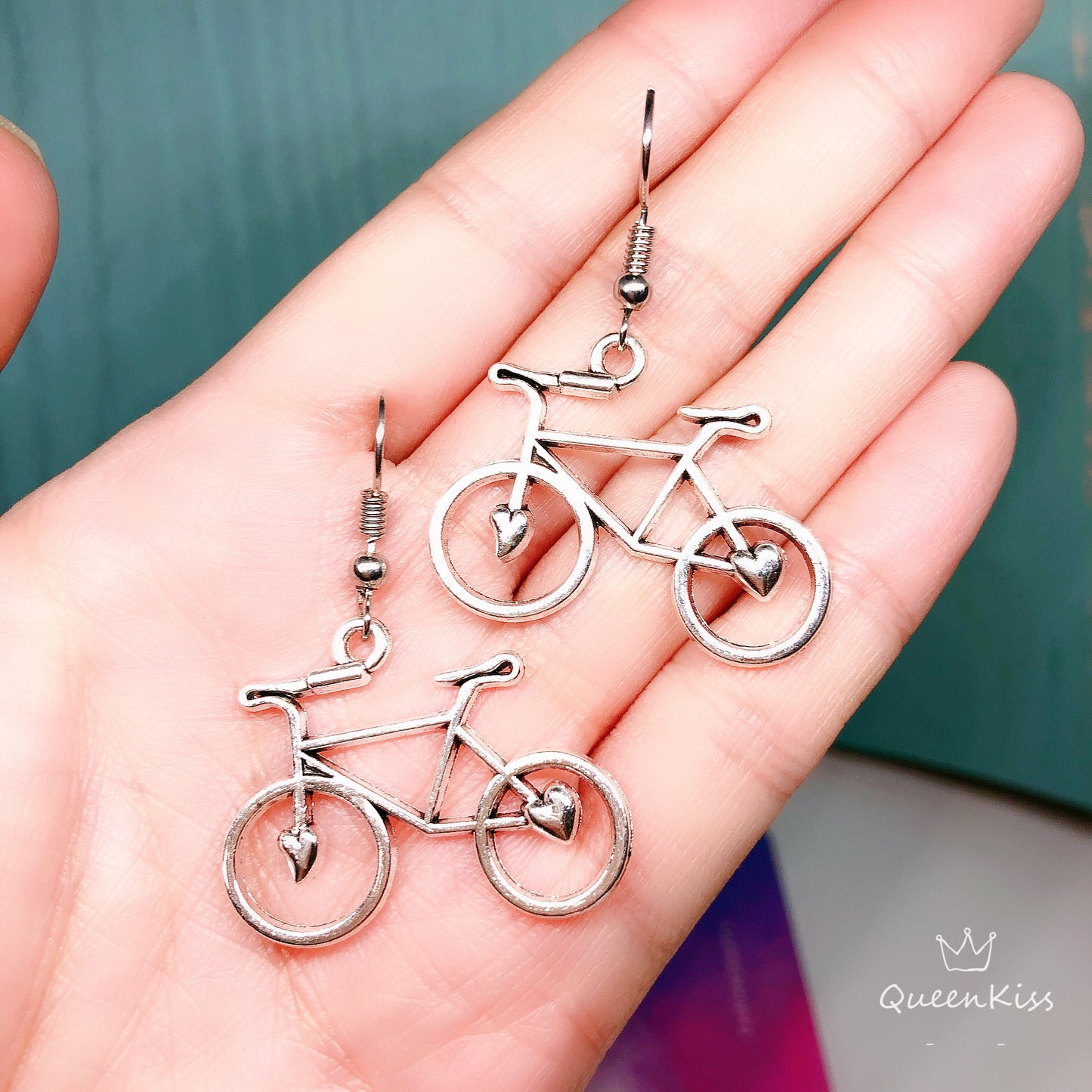 Cute Adorable Heart Shape Silver Lovers Bicycle Bike Earrings -- Take me with you!!