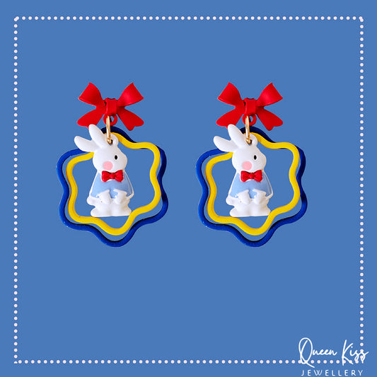 Super Cute Bunny Rabbit and Red Bowknot Love Earrings -- Be Happy!!