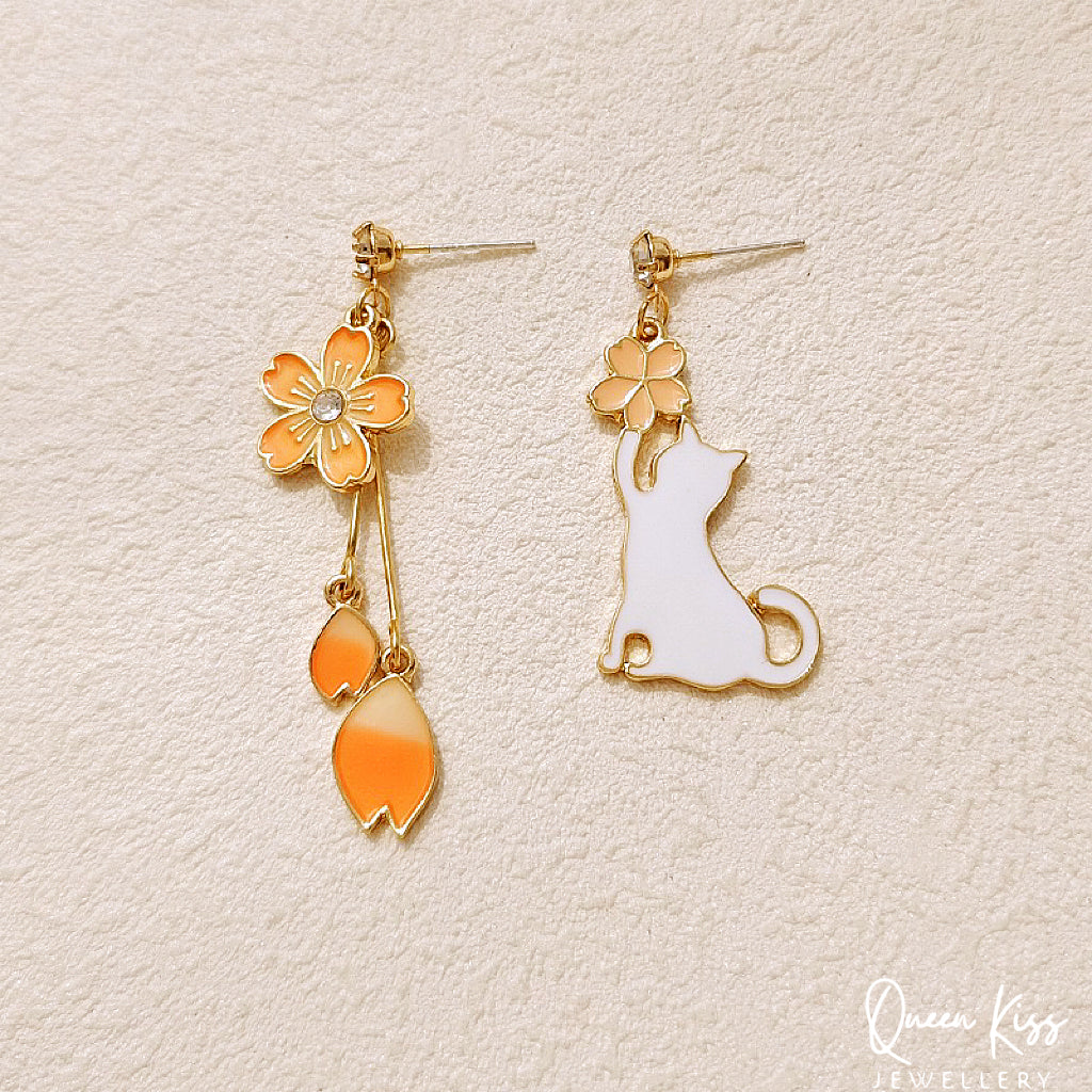 Super Cute Chilled Kitty Cat and Flowers Love Earrings -- Play Time!!