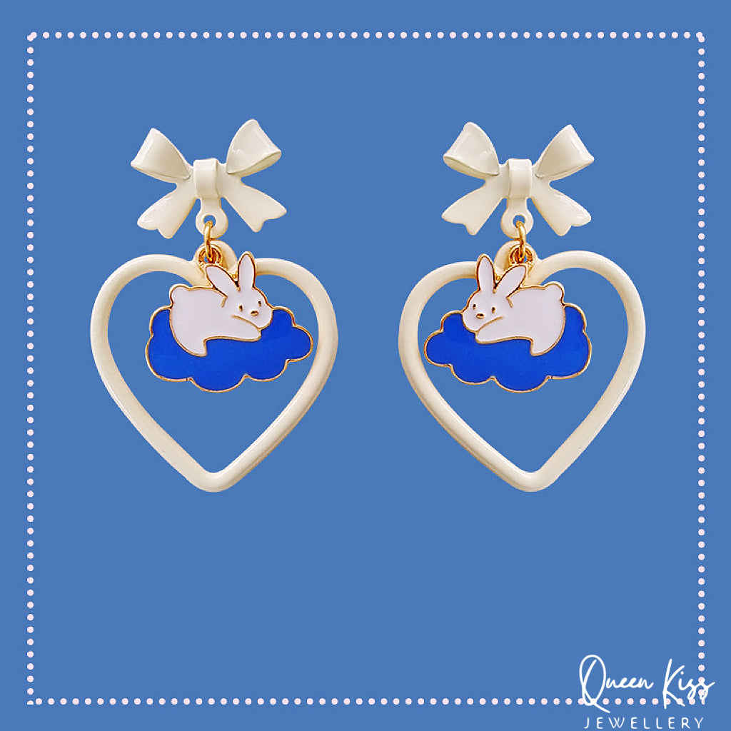 Super Cute Bunny Lay Down on the Cloud and Bowknot Love Earrings -- Paradise!!