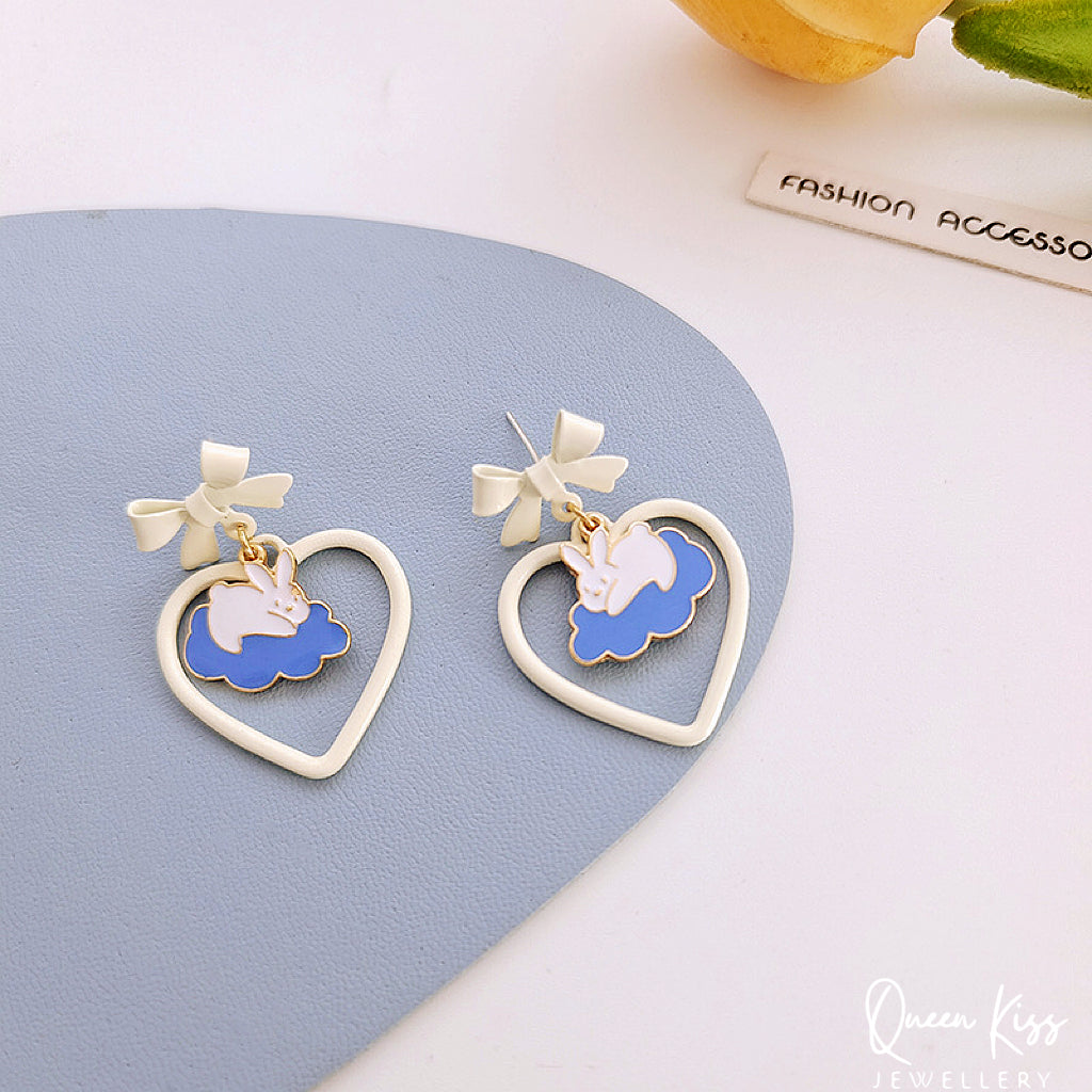 Super Cute Bunny Lay Down on the Cloud and Bowknot Love Earrings -- Paradise!!