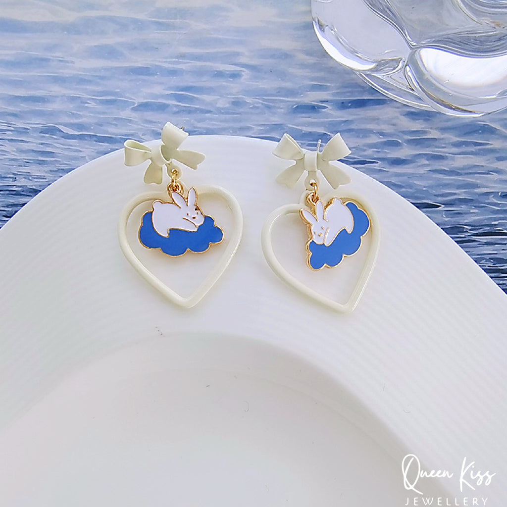 Super Cute Bunny Lay Down on the Cloud and Bowknot Love Earrings -- Paradise!!