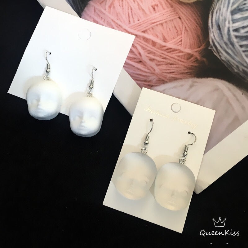 Quirky Dull Translucent and White Little Baby Doll Head Face Earrings -- Love Me Till The End!!