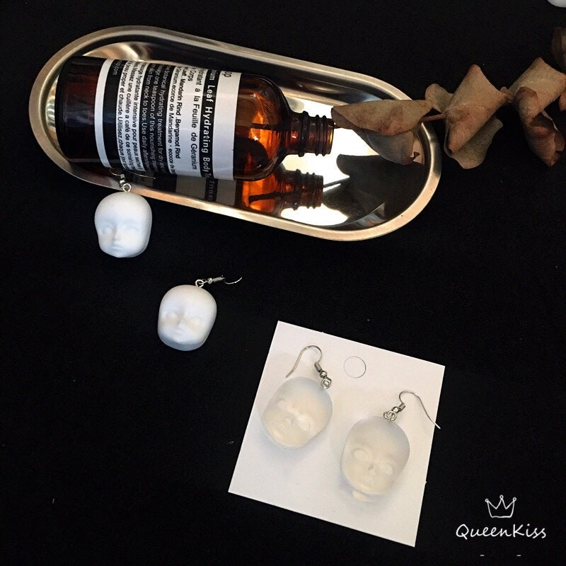 Quirky Dull Translucent and White Little Baby Doll Head Face Earrings -- Love Me Till The End!!