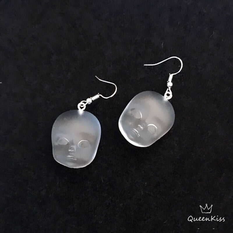 Quirky Dull Translucent and White Little Baby Doll Head Face Earrings -- Love Me Till The End!!