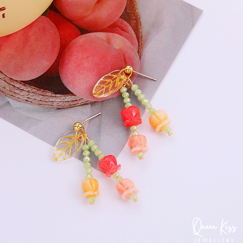 Cute Tulip Yellow Leave Pink Peach Yellow Flower Romantic Earrings - Mama I Love You!!