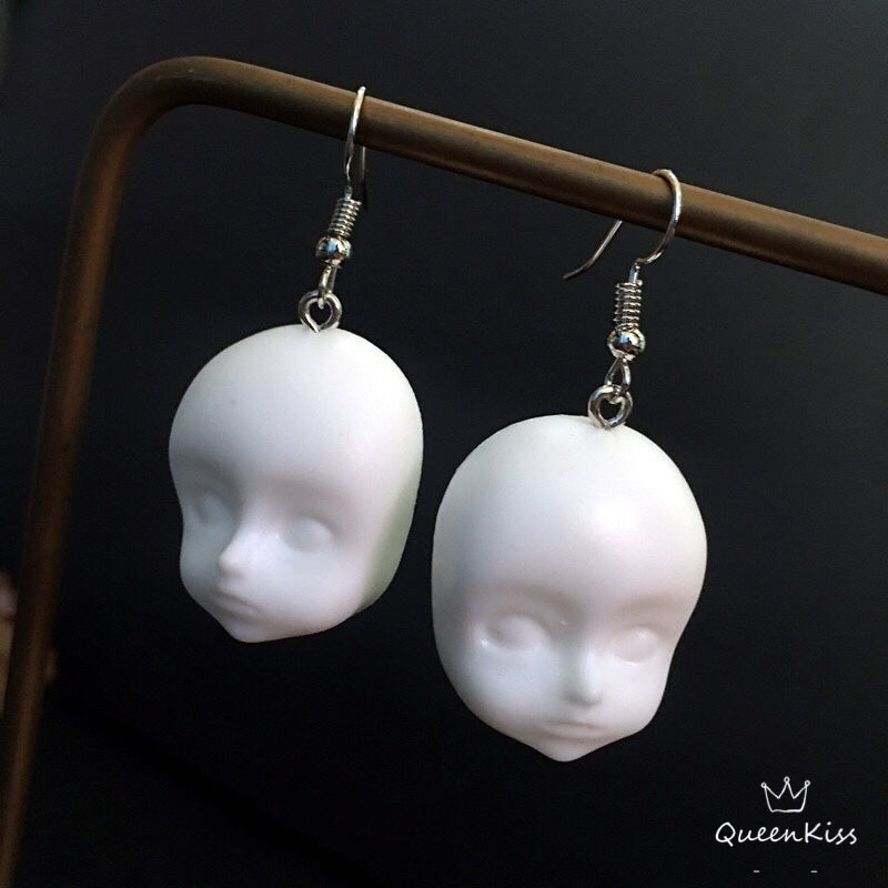 Quirky Dull Translucent and White Little Baby Doll Head Face Earrings -- Love Me Till The End!!