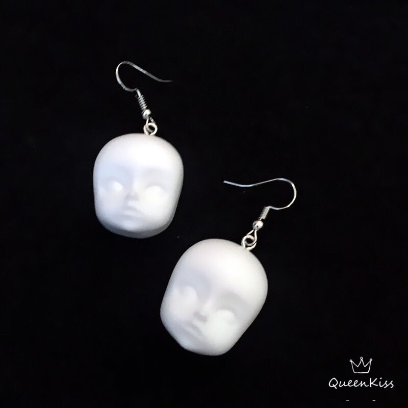 Quirky Dull Translucent and White Little Baby Doll Head Face Earrings -- Love Me Till The End!!