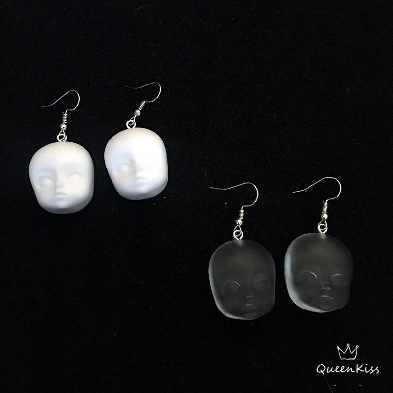 Quirky Dull Translucent and White Little Baby Doll Head Face Earrings -- Love Me Till The End!!