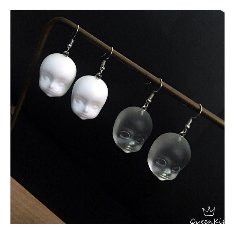 Quirky Dull Translucent and White Little Baby Doll Head Face Earrings -- Love Me Till The End!!
