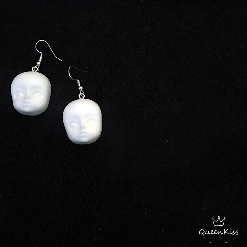 Quirky Dull Translucent and White Little Baby Doll Head Face Earrings -- Love Me Till The End!!
