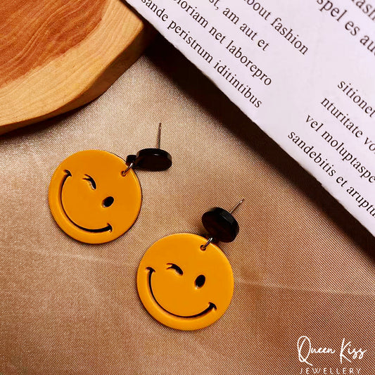 Cute Light Trendy Orange Smiley Smile Face Acrylic Earrings - Always Look on the Bright Side!!