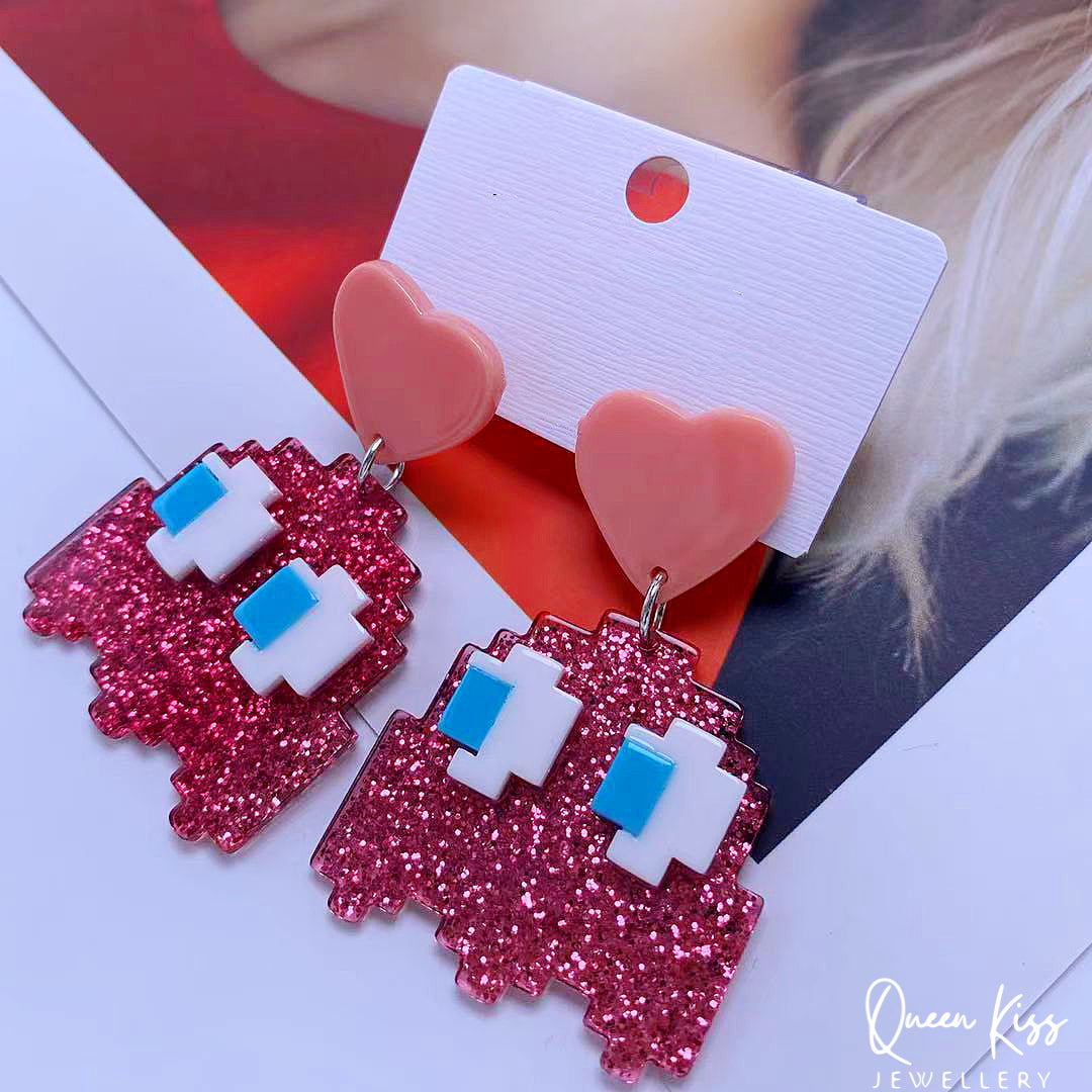 Super LIght Acrylic Pink Pac-Man with Big Eyes Pink Heart Earrings - Eat Me!!