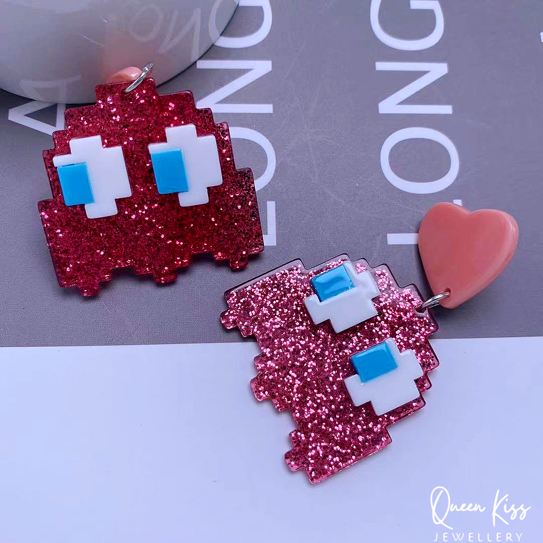 Super LIght Acrylic Pink Pac-Man with Big Eyes Pink Heart Earrings - Eat Me!!