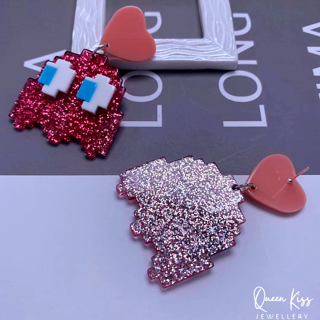 Super LIght Acrylic Pink Pac-Man with Big Eyes Pink Heart Earrings - Eat Me!!