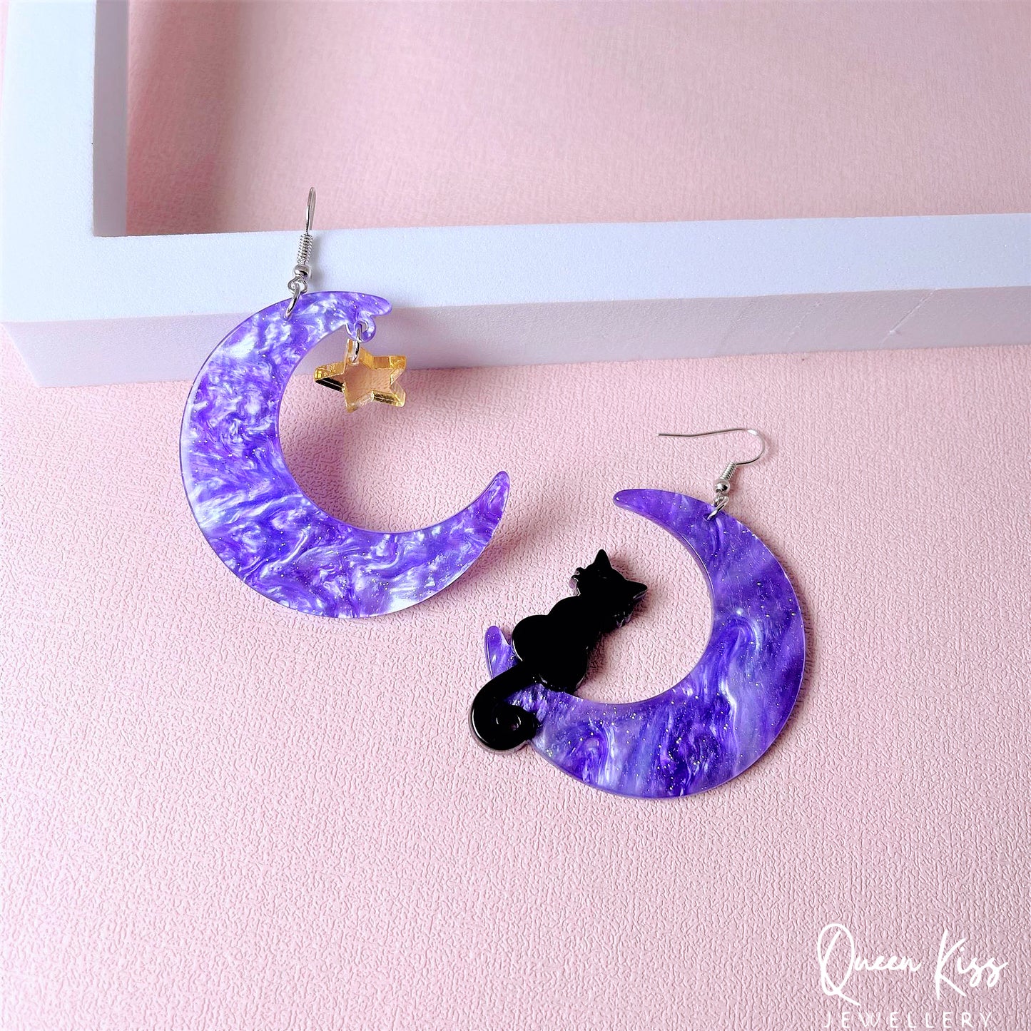 Cute Light Trendy Adorable Acrylic Moon and Black Cat and Star Earrings - Once Upon A Moon!!