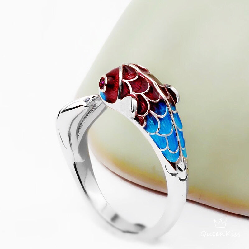 Enamelled Vintage Red Blue 3D Fish Adjustable Silver Ring