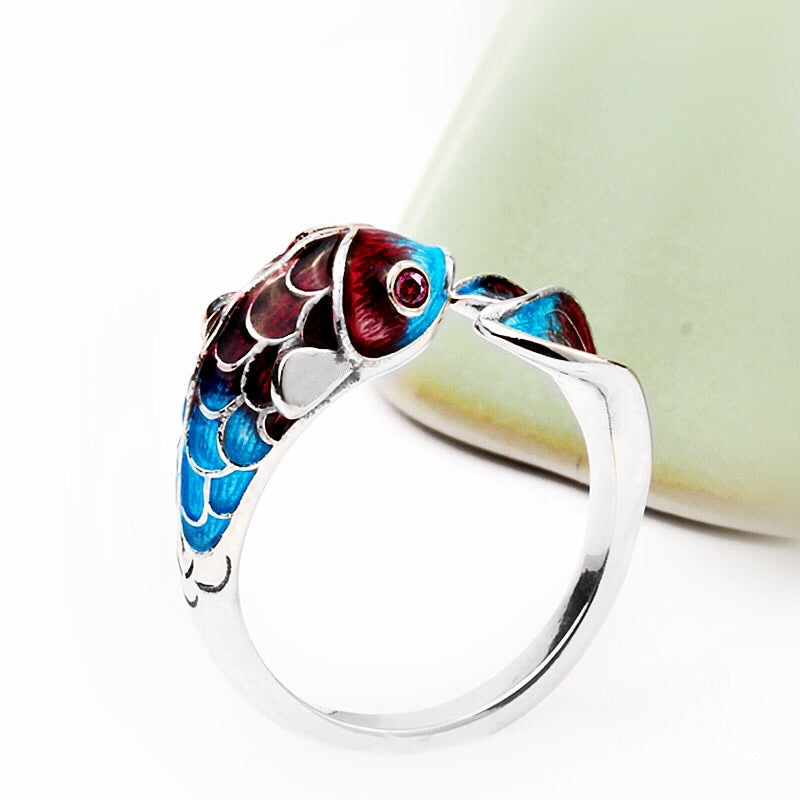 Enamelled Vintage Red Blue 3D Fish Adjustable Silver Ring