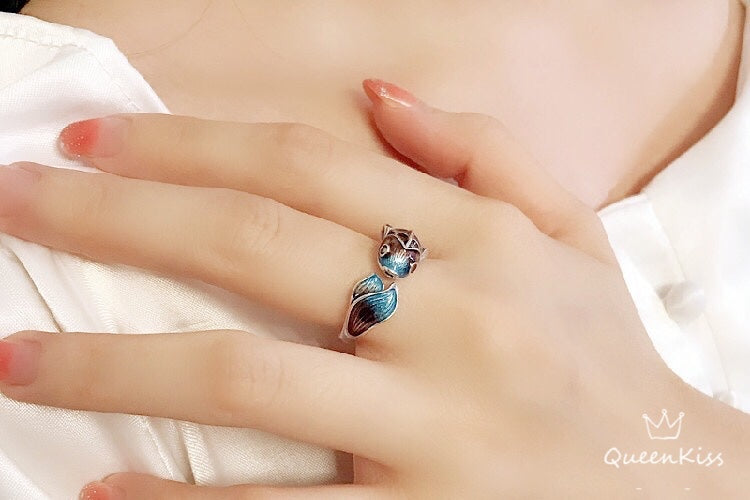 Enamelled Vintage Red Blue 3D Fish Adjustable Silver Ring