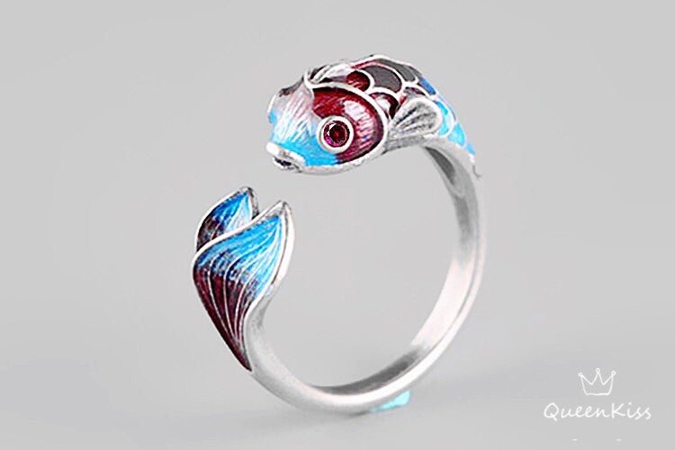 Enamelled Vintage Red Blue 3D Fish Adjustable Silver Ring