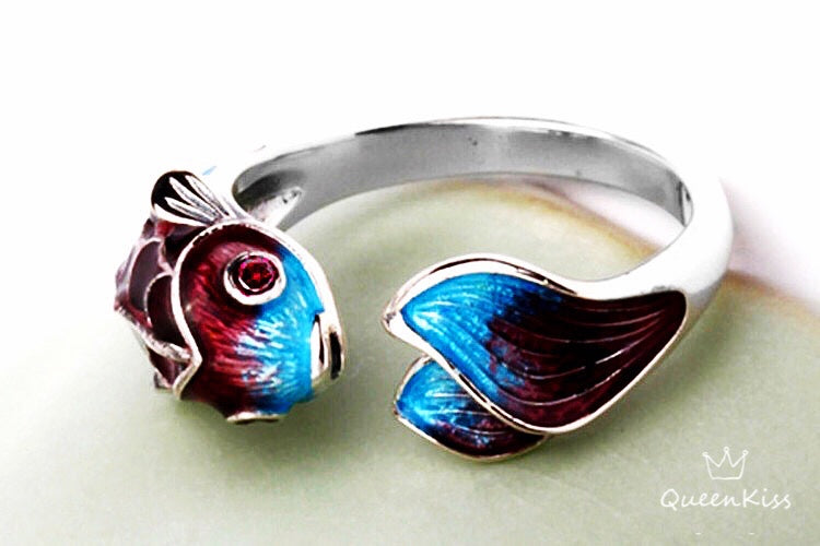 Enamelled Vintage Red Blue 3D Fish Adjustable Silver Ring