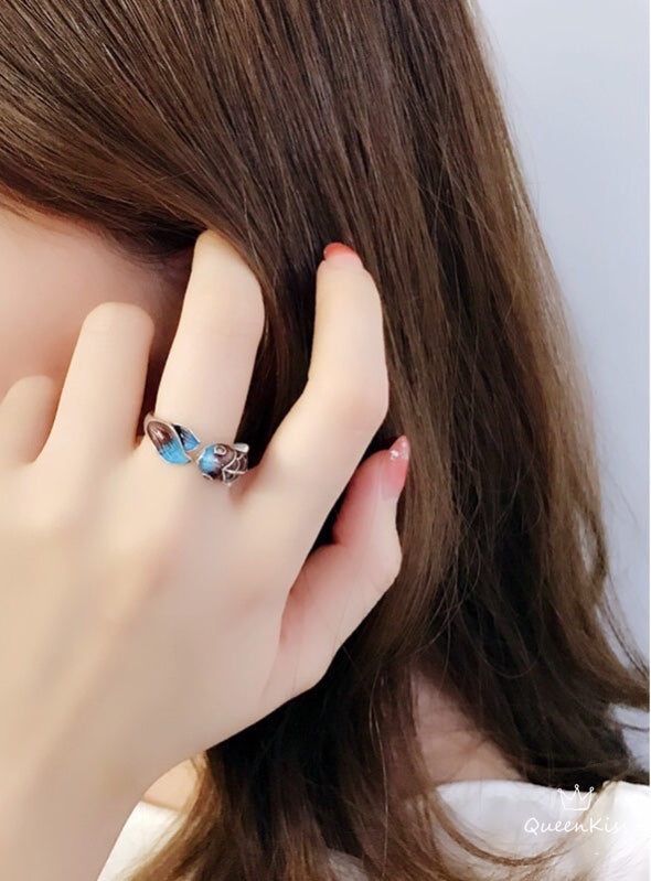 Enamelled Vintage Red Blue 3D Fish Adjustable Silver Ring