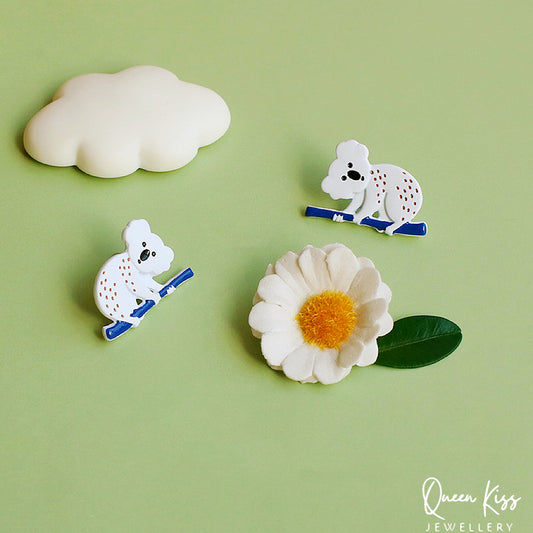 Enamel Koala Crawling Tree Studs Earrings -- Australian Wild Life!!