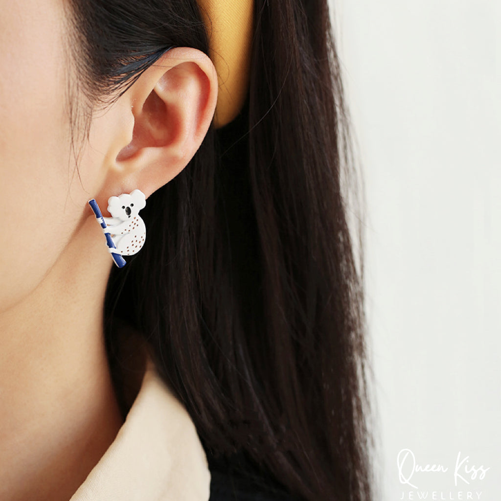 Enamel Koala Crawling Tree Studs Earrings -- Australian Wild Life!!