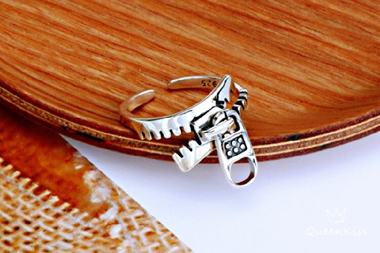 Vintage Cool 3D Zipper Adjustable Sterling Silver Ring