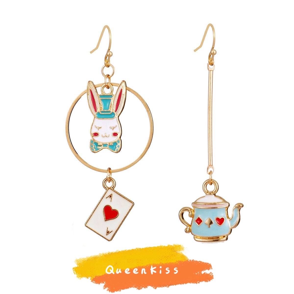 Super Cute Wonderland Rabbit Kettle and Ace Card Enamelled Earrings -- Hide and Seek!!