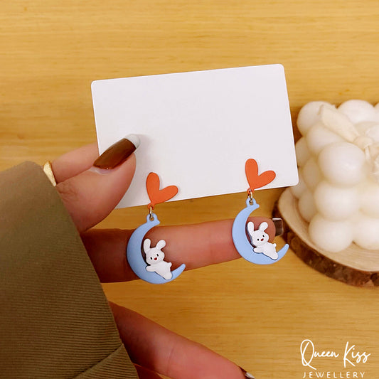 Super Cute Bunny Lay Down on the Moon and Heart Love Earrings -- Sleep Well!!