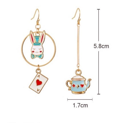 Super Cute Wonderland Rabbit Kettle and Ace Card Enamelled Earrings -- Hide and Seek!!