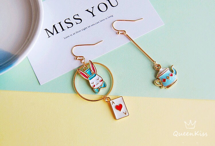 Super Cute Wonderland Rabbit Kettle and Ace Card Enamelled Earrings -- Hide and Seek!!