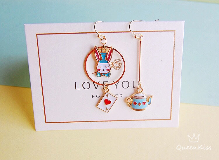 Super Cute Wonderland Rabbit Kettle and Ace Card Enamelled Earrings -- Hide and Seek!!