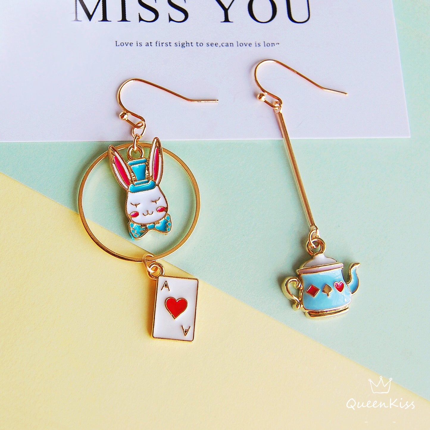 Super Cute Wonderland Rabbit Kettle and Ace Card Enamelled Earrings -- Hide and Seek!!
