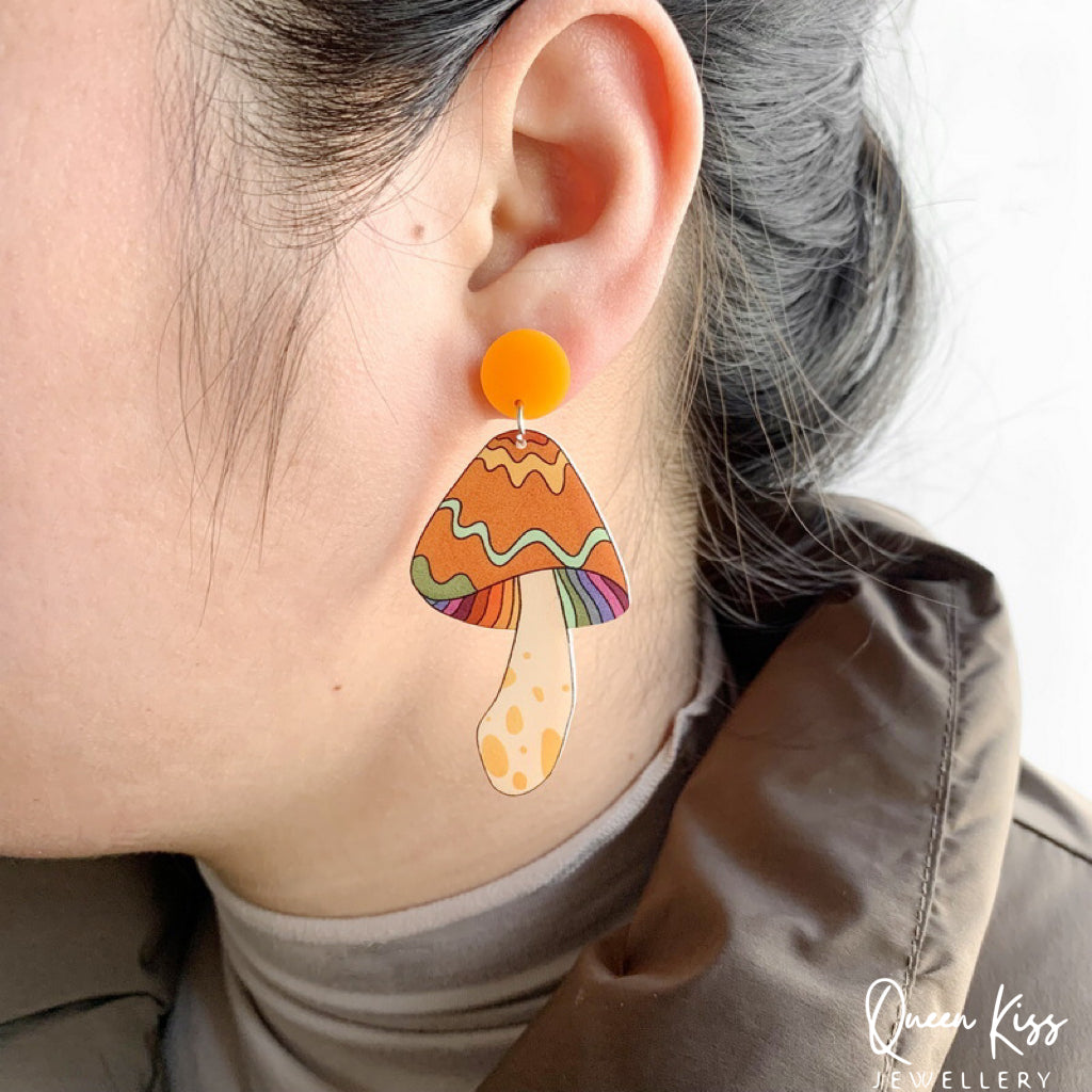 Super Light Acrylic Cute Orange Mushroom Earrings - Miss. Mushroom!!
