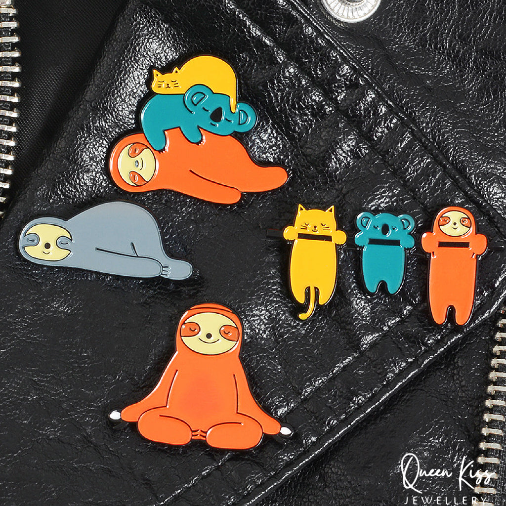 Cute Adorable Sloth Family Party Brooches Orange Sloth Blue Koala Yellow Kitty Cat Gift for Her, Mother, Kid, Sister, Good Friends