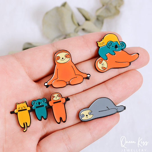 Cute Adorable Sloth Family Party Brooches Orange Sloth Blue Koala Yellow Kitty Cat Gift for Her, Mother, Kid, Sister, Good Friends