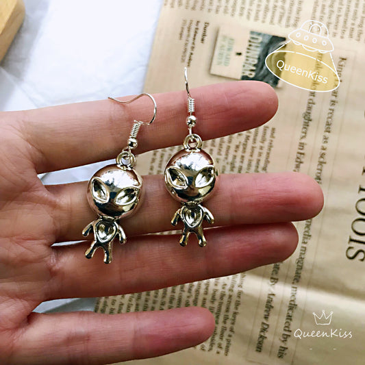 3D Cute Adorable Alien Couple Silver Earrings -- Welcome to my planet!!