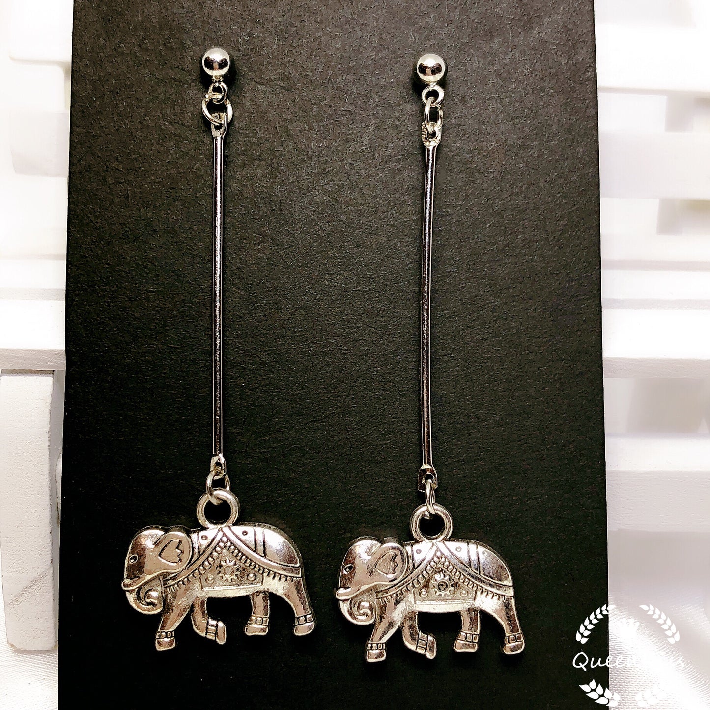 Long Dropping Cute Elephant Silver Earrings - Dancing on the Grass!!!