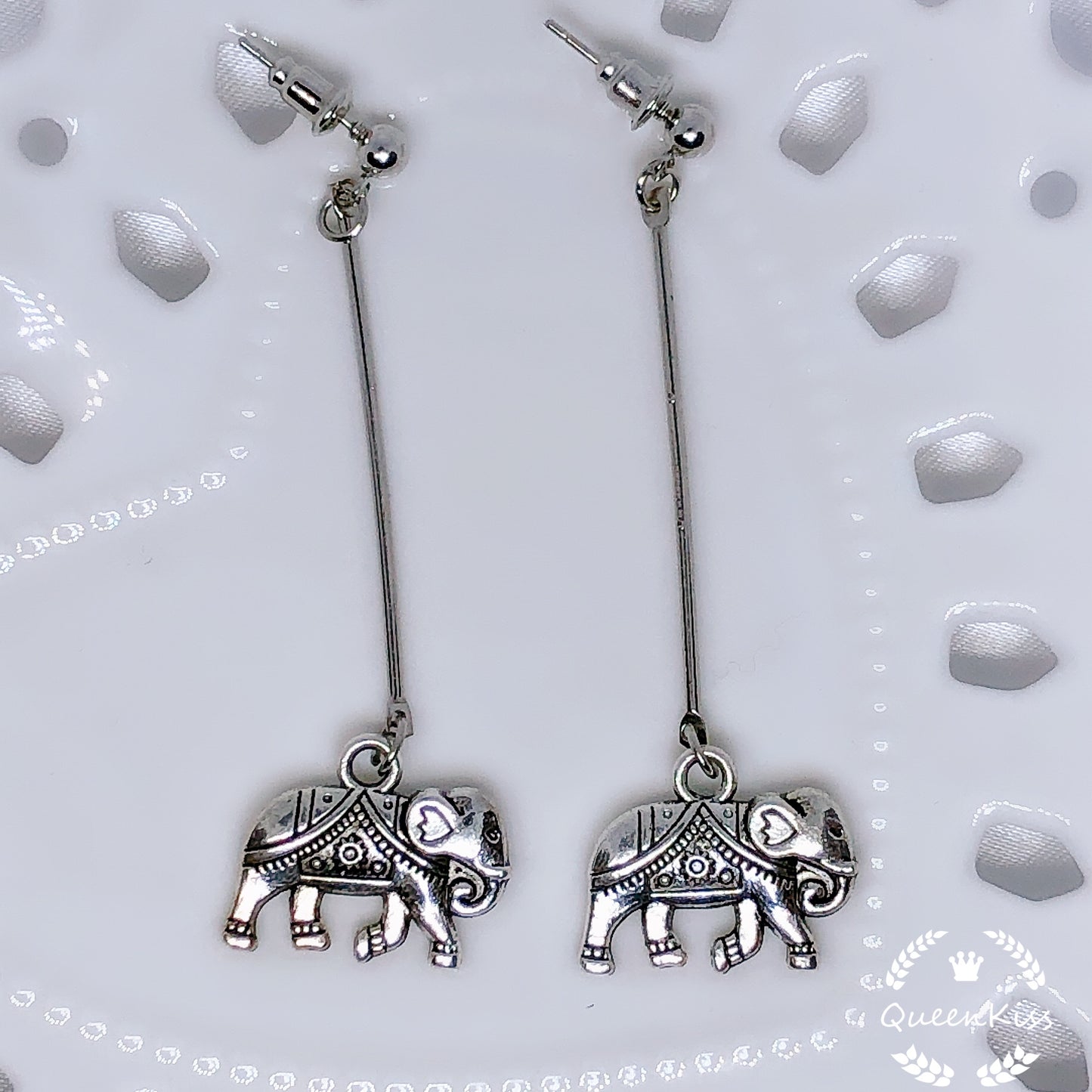Long Dropping Cute Elephant Silver Earrings - Dancing on the Grass!!!