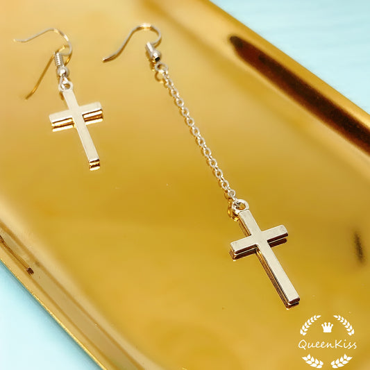 Cool Cross Asymmetric Silver Earrings -- Only Love!!