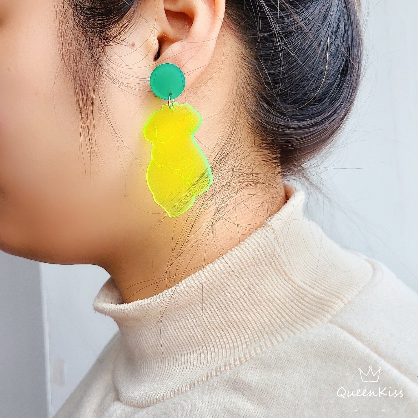 Cute Light Trendy Quirky Art Piece Naked Women Yellow Earrings - Beauty in The Scene!!