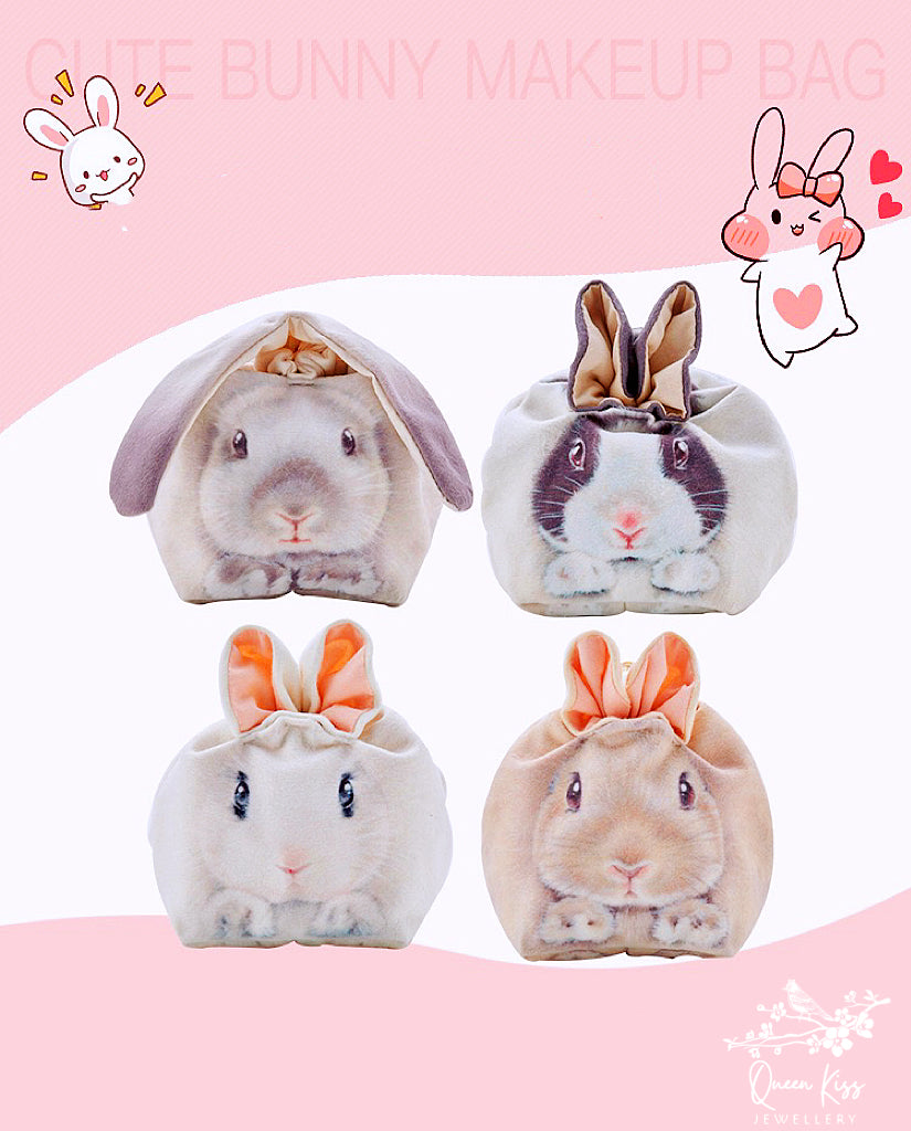 Bunny Rabbit Cute Adorable Makeup Purse Bag Pouch Flannel High Quality White Grey Beige Blackwhite Bunny Gift for her him -- Bunny Buddy!!