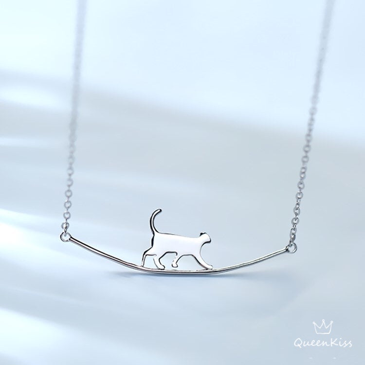 Sterling Silver Cute Adorable Cat Lover Crawling Cat Kitty on the Stick Sterling Silver Necklace - Midnight Angel!!