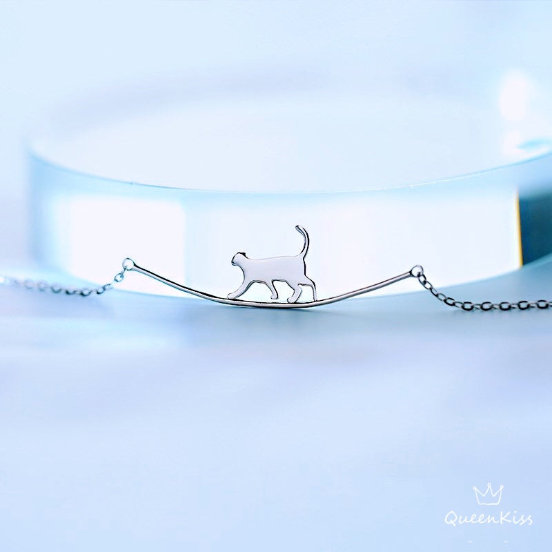 Sterling Silver Cute Adorable Cat Lover Crawling Cat Kitty on the Stick Sterling Silver Necklace - Midnight Angel!!