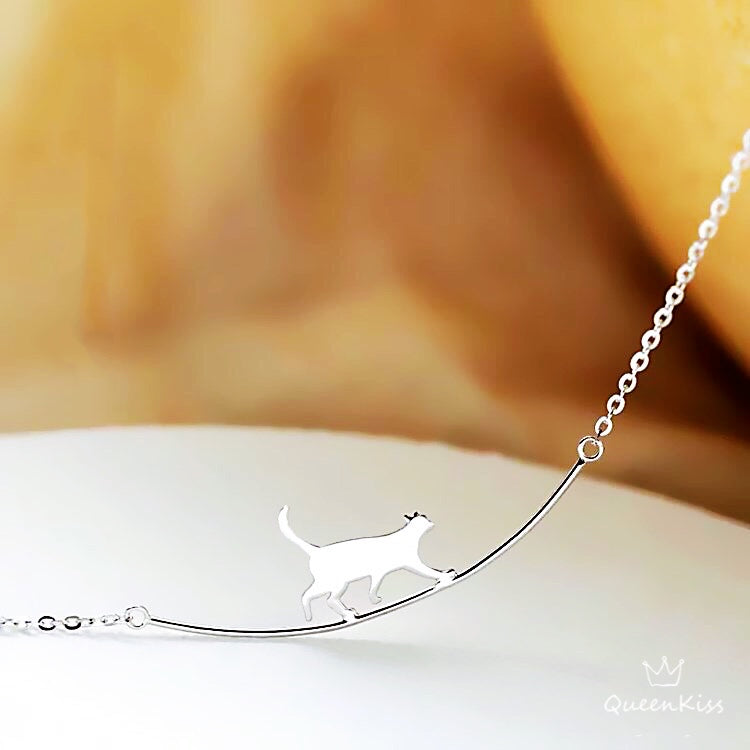 Sterling Silver Cute Adorable Cat Lover Crawling Cat Kitty on the Stick Sterling Silver Necklace - Midnight Angel!!